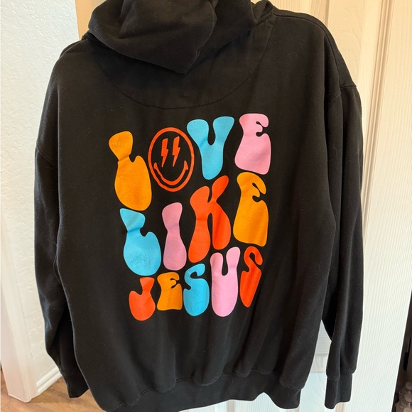 Black Hoodie with Colorful 'Love Like Jesus' Design on Back - Picture 1 of 5